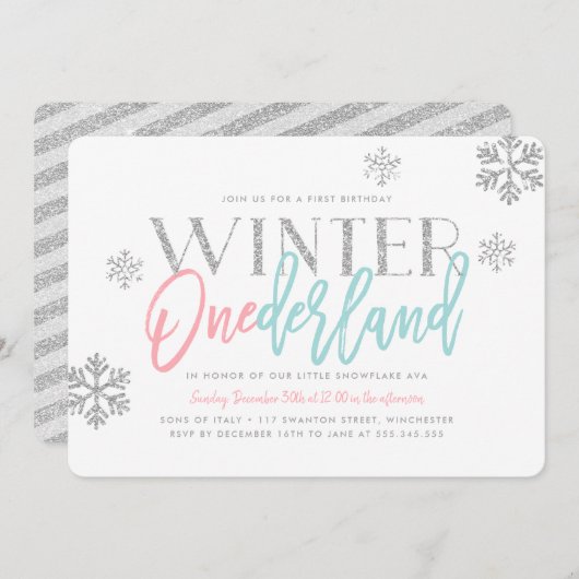 Winter ONEderland Zilveren Glitterij 1e Verjaardag Kaart (Voorkant / Achterkant)