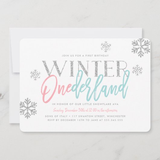 Winter ONEderland Zilveren Glitterij 1e Verjaardag Kaart (Voorkant)