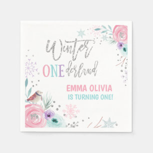 Winter ONEderland Zilveren Roze Bloemen Sneeuwvlok Servet