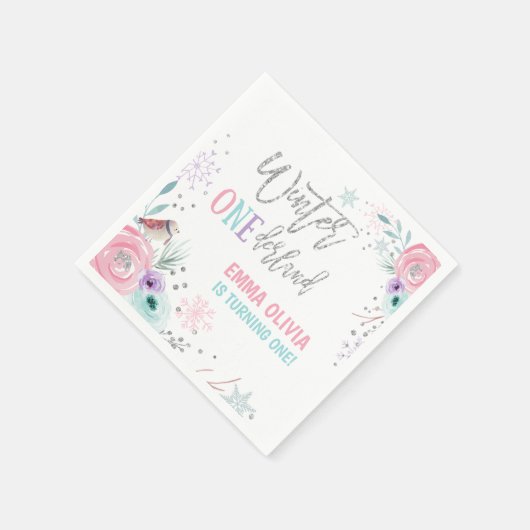 Winter ONEderland Zilveren Roze Bloemen Sneeuwvlok Servet (Hoek)