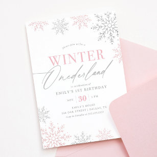 Winter Onederland Zilveren Roze Glitter 1e Verjaar Kaart