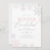 Winter Onederland Zilveren Roze Glitter 1e Verjaar Kaart (Voorkant)