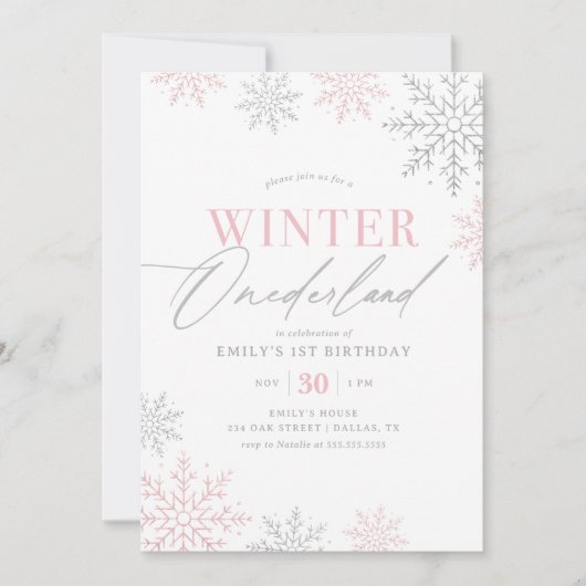 Winter Onederland Zilveren Roze Glitter 1e Verjaar Kaart (Voorkant)