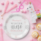 Winter Onederland Zilveren Roze Glitter 1e Verjaar Papieren Bordje (Feest)