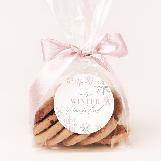 Winter Onederland Zilveren Roze Glitter 1e Verjaar Ronde Sticker