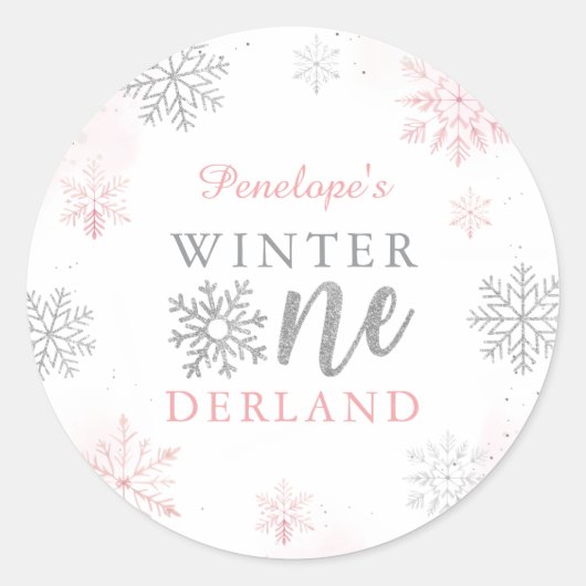 Winter Onederland Zilveren Roze Glitter 1e Verjaar Ronde Sticker (Voorkant)