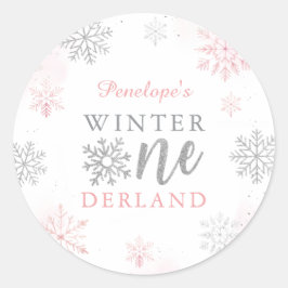 Winter Onederland Zilveren Roze Glitter 1e Verjaar Ronde Sticker
