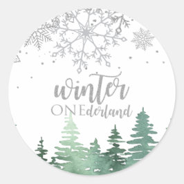 Winter Onederland Zilveren sneeuwvlokken en bomen Ronde Sticker