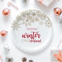 Winter ONEdernald Red en Gold Snowflake Verjaardag Papieren Bordje