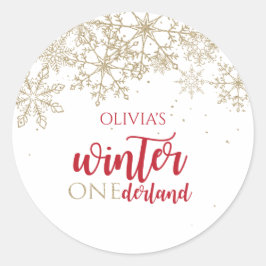 Winter ONEdernald Red en Gold Snowflake Verjaardag Ronde Sticker