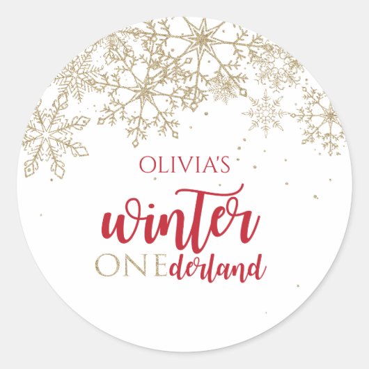 Winter ONEdernald Red en Gold Snowflake Verjaardag Ronde Sticker (Voorkant)