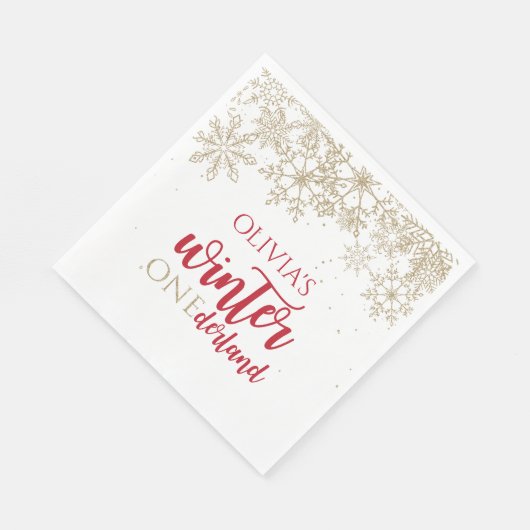 Winter ONEdernald Red en Gold Snowflake Verjaardag Servet (Hoek)