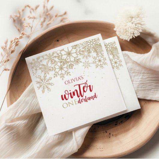 Winter ONEdernald Red en Gold Snowflake Verjaardag Servet