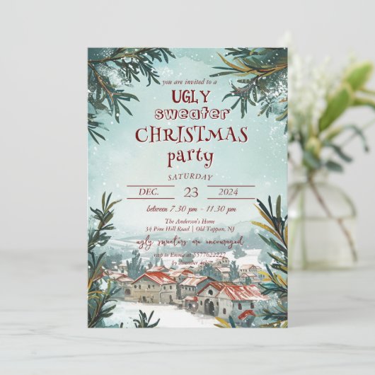 Winter Outdoor Scene Lelijke Trui Kerstfeest Kaart (Staand voorkant)