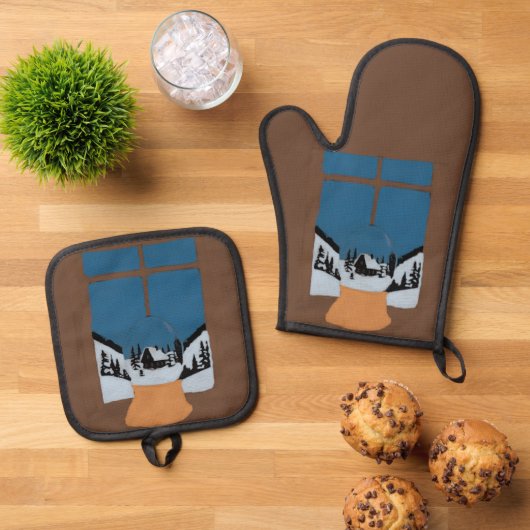 Winter Oven Mitt - Snow Globe by the Window - Cozy Ovenwant & Pannenlap Set (Top down)