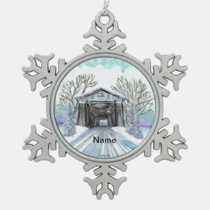 Winter Overdekte Brug Tin Sneeuwvlok Ornament