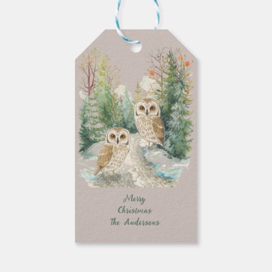 Winter Owl Christmas Woodland Art Cadeaulabel (Achterkant)