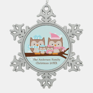 Winter Owl Familie van Vier Tin Sneeuwvlok Ornament