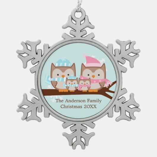 Winter Owl Familie van Vier Tin Sneeuwvlok Ornament (Voorkant)