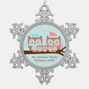 Winter Owl Familie van Vijf Tin Sneeuwvlok Ornament