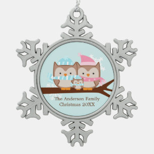 Winter Owl Family Tin Sneeuwvlok Ornament