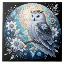 Winter Owl Glas in lood Elegant Snowy Nocturnal Tegeltje