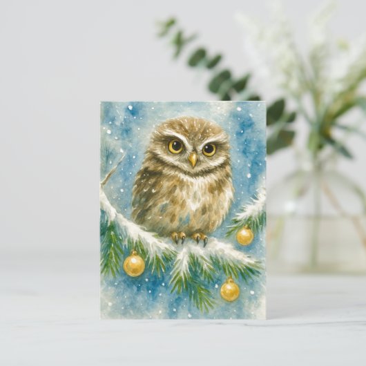 Winter Owl on Snowy Branch Christmas Postcard Feestdagenkaart (Staand voorkant)