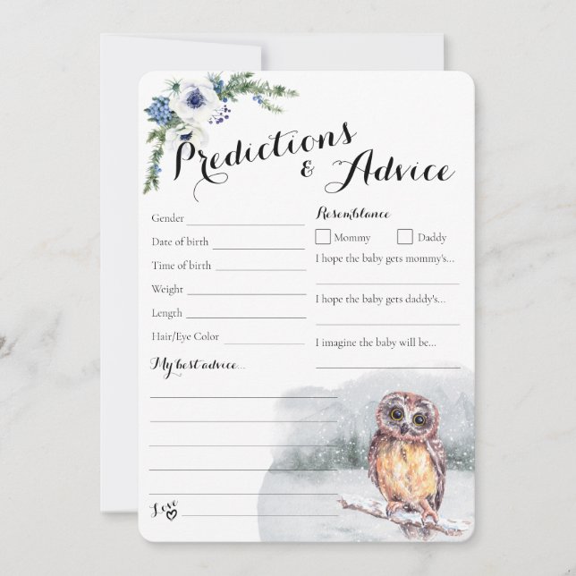 Winter Owl Snowy Baby Predictions & Advice Card (Voorkant)