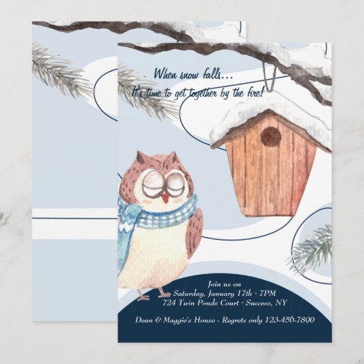 Winter Owl Waterverf Uitnodiging (Voorkant / Achterkant)