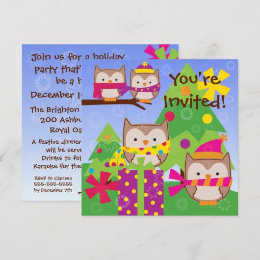 Winter Owls Holiday Invitation Kaart (Voorkant / Achterkant)