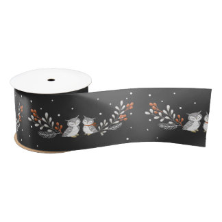 Winter Owls Satin Ribbon - Black Satijnen Lint