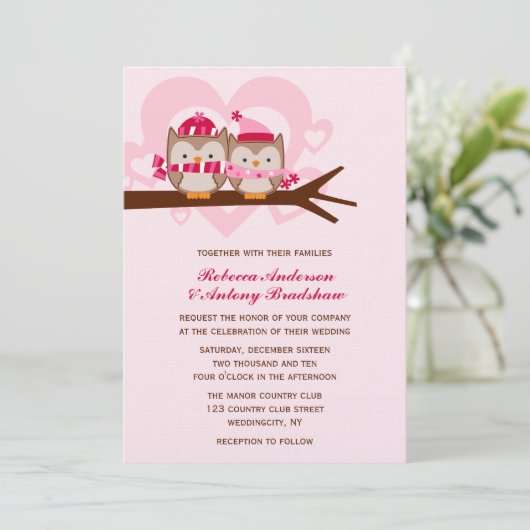 Winter Owls Wedding Kaart (Staand voorkant)