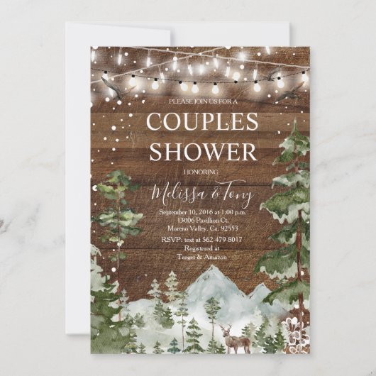 Winter paar douche rustieke houten string verlicht kaart (Voorkant)