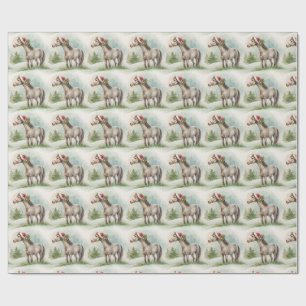 Winter Paard Cadeaupapier met Kerstman Hoed