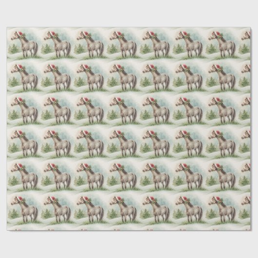 Winter Paard Cadeaupapier met Kerstman Hoed (Vlak)