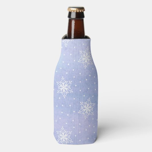 Winter Paars Blue Sky White Snowflakes Polka Dots Flesjeskoeler (Fles Voorkant)