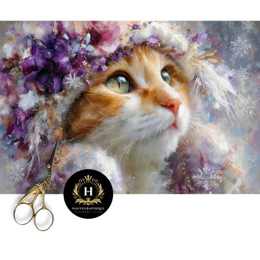 Winter Paarse Bloemen Kat Decoupage Craft Paper Tissuepapier