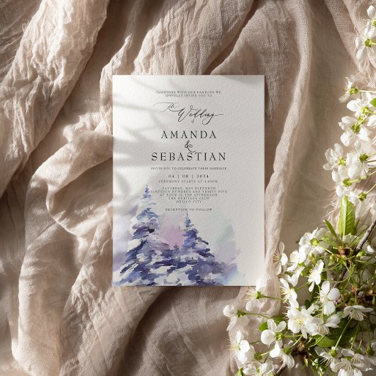 Winter Paarse Pine Sneeuw Wedding Party Kaart