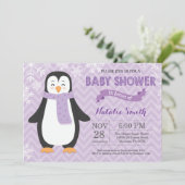 Winter Paarse Pinguïn Meisje Baby shower Uitnodigi Kaart (Staand voorkant)