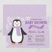 Winter Paarse Pinguïn Meisje Baby shower Uitnodigi Kaart (Voorkant / Achterkant)