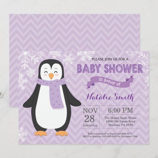 Winter Paarse Pinguïn Meisje Baby shower Uitnodigi Kaart (Voorkant / Achterkant)