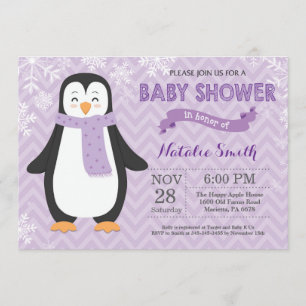 Winter Paarse Pinguïn Meisje Baby shower Uitnodigi Kaart