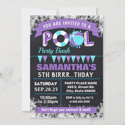 Winter Paarse Pool verjaardagsfeestje bash Kaart (Voorkant)