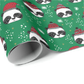Winter Panda Rood en Groen schattig Kerstfeest Cadeaupapier (Rol Hoek)