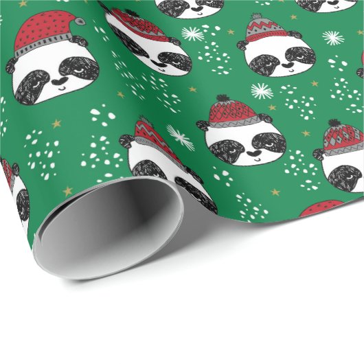 Winter Panda Rood en Groen schattig Kerstfeest Cadeaupapier (Rol Hoek)