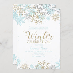 Winter Party Blue Gold Snowflakes Kaart
