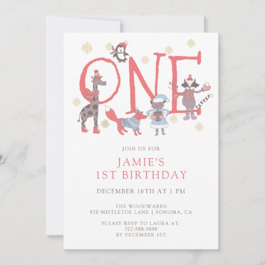 Winter Party Dieren 1e Verjaardag Kaart (Voorkant)