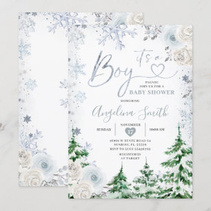Winter Pastel Blue Snowflake Floral Baby shower Kaart