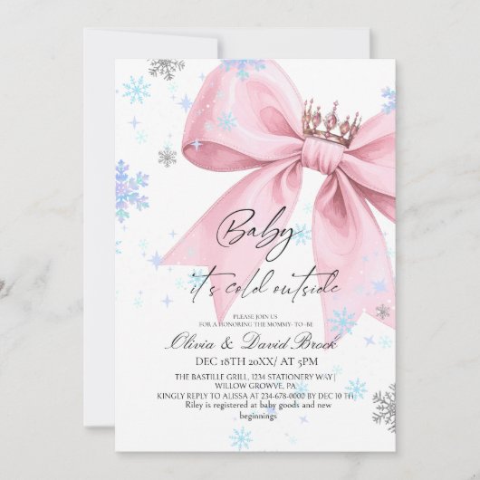 Winter Pastel Pink Bow Baby Shower Kaart (Voorkant)