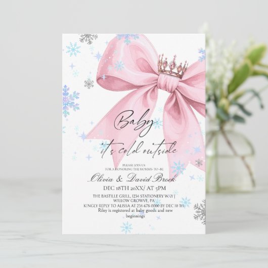 Winter Pastel Pink Bow Baby Shower Kaart (Staand voorkant)